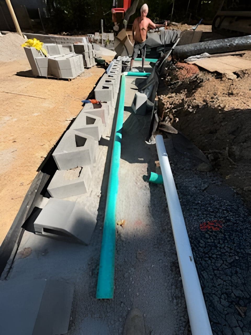Drainage cell block wall with green and white pipe runs laid alongside