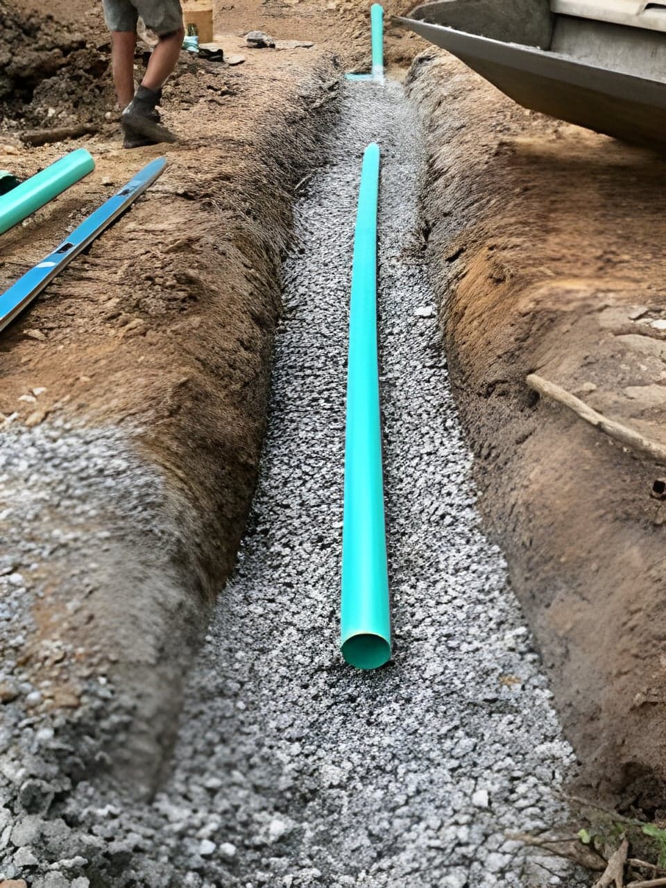 Green drainage pipe laid on a gravel bed in a freshly cut trench
