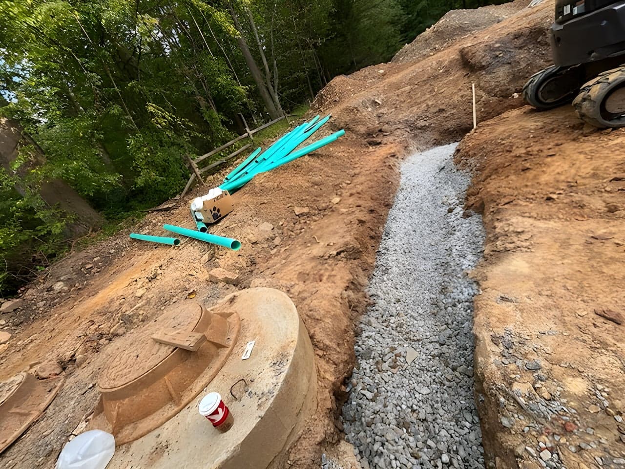Gravel bedded drainage trench curving past stacked green pipe on an open site