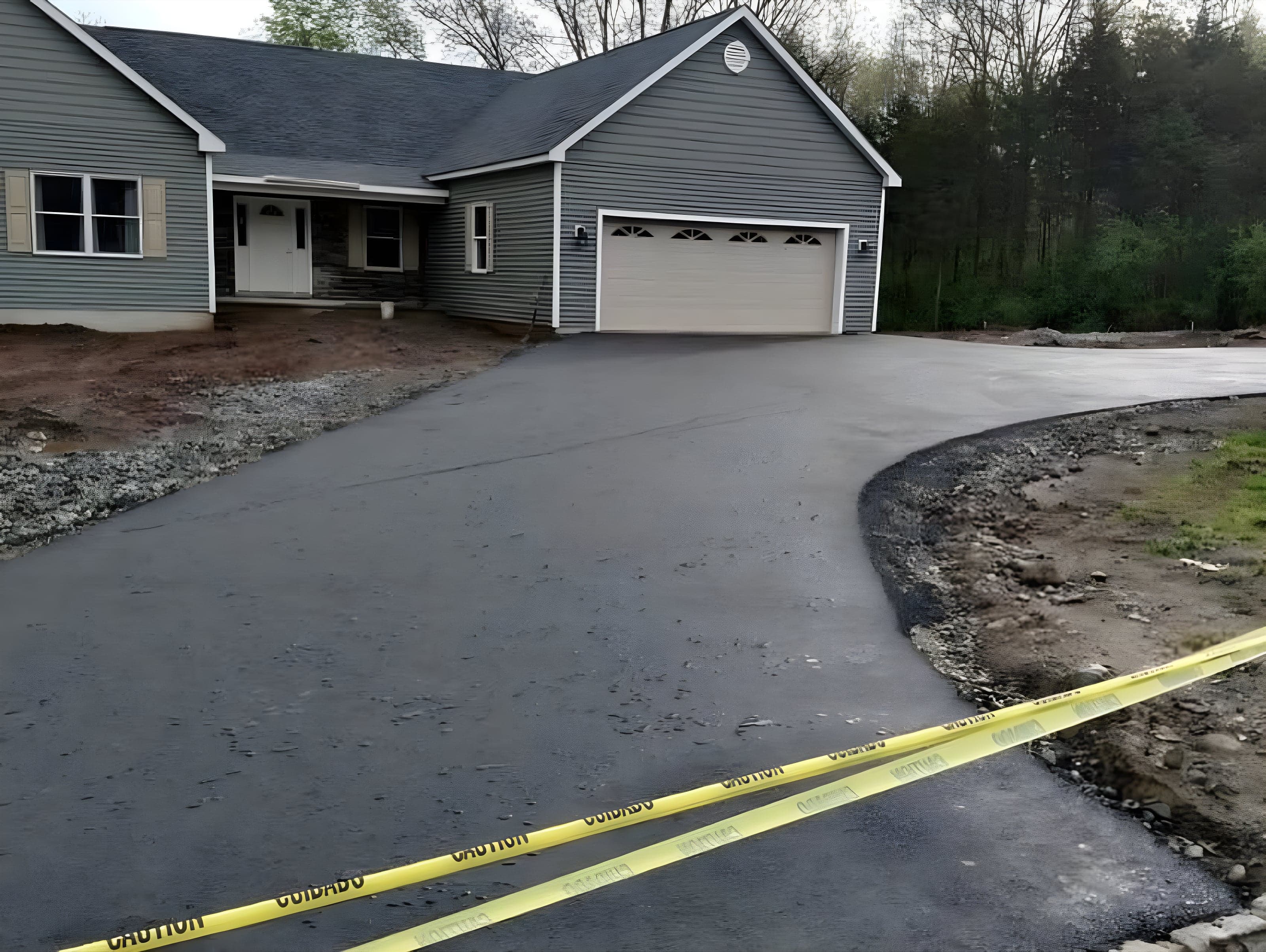 Wide new asphalt driveway at a newly built home with a two car garage