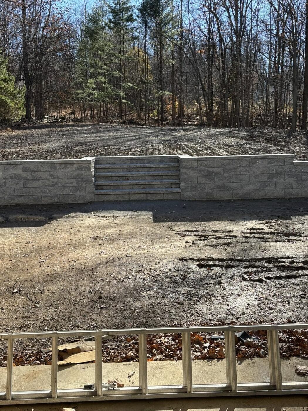 Graded backyard with a new block retaining wall and integrated steps