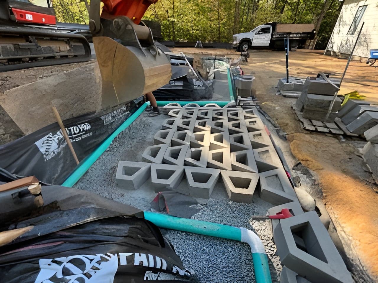 Stormwater drainage cell grid being set with an excavator and green pipe feeding it